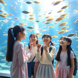 A group of young Korean girls observing a massive aquarium filled with vibrant and colorful marine life