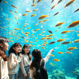 A group of young Korean girls observing a massive aquarium filled with vibrant and colorful marine life