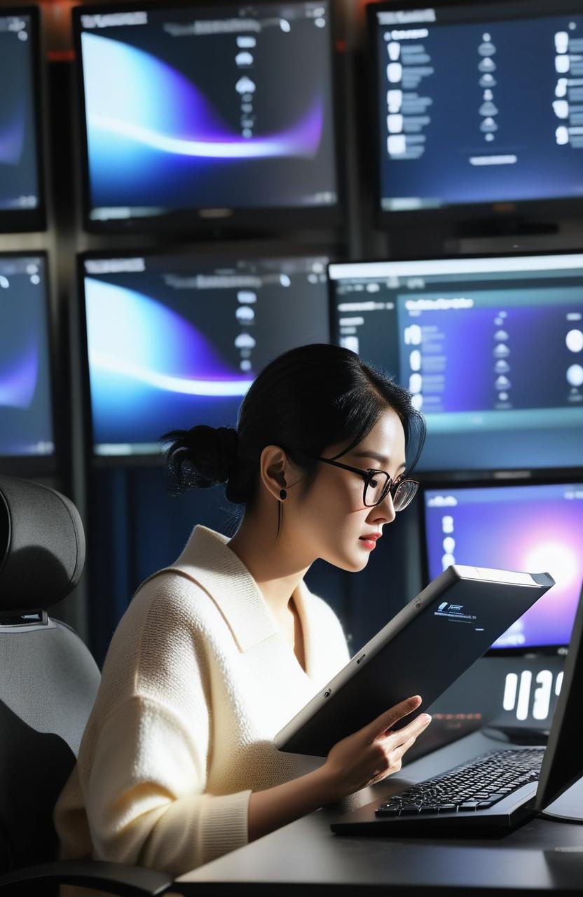 "Resonance" by Unsriyani, a thriller, crime and sci-fi novel. Display a simple yet dark cover with resonance or sound wave elements and a large computer monitor. Then show a side profile silhouette of an Asian woman with her hair tied in a low bun.