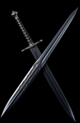 A striking image of a sword and a dagger crossing each other in a dynamic pose, their blades gleaming sharply against a dark, shadowy background