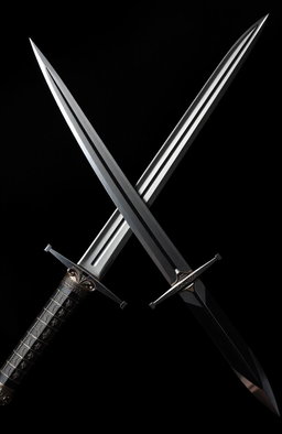 A striking image of a sword and a dagger crossing each other in a dynamic pose, their blades gleaming sharply against a dark, shadowy background