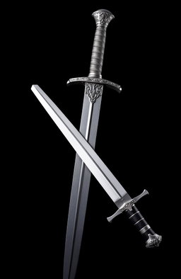 A striking image of a sword and a dagger crossing each other in a dynamic pose, their blades gleaming sharply against a dark, shadowy background