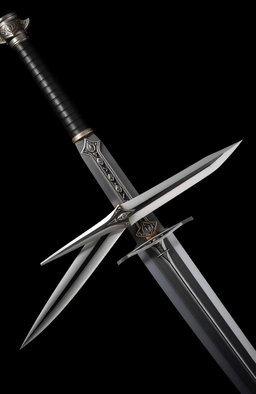 A striking image of a sword and a dagger crossing each other in a dynamic pose, their blades gleaming sharply against a dark, shadowy background