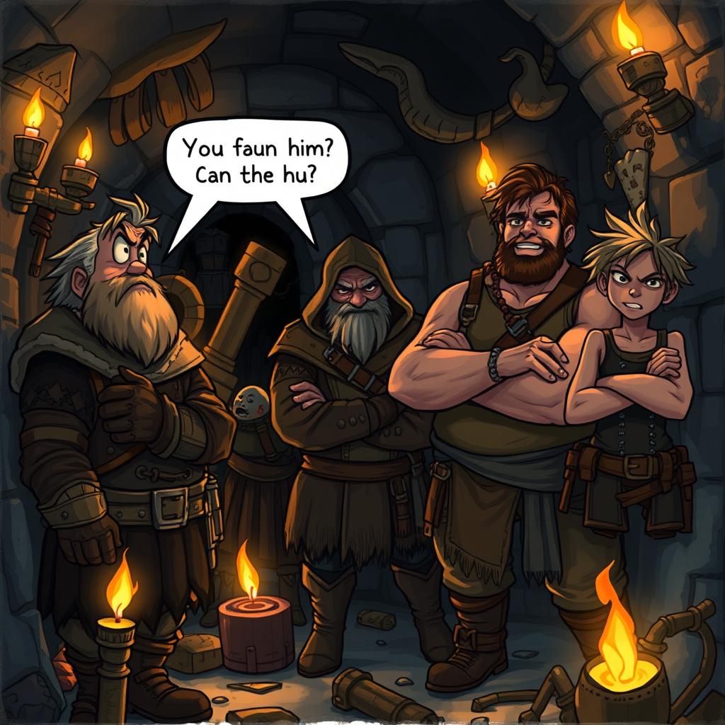 In a dimly lit hideout filled with mystical artifacts and scattered treasures, a group of rugged adventurers stands waiting