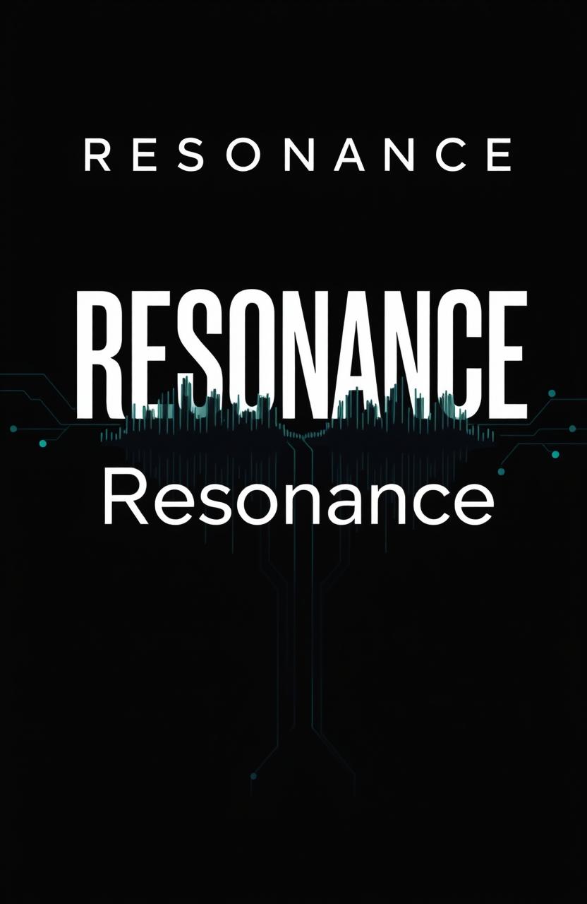A dark and minimalist book cover design for a thriller, crime, and sci-fi novel titled 'Resonance'