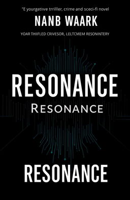 A dark and minimalist book cover design for a thriller, crime, and sci-fi novel titled 'Resonance'