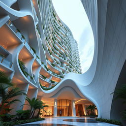 Design a dynamic 15-story building inspired by ocean waves, reaching towards the sky and conveying a sense of movement and nature