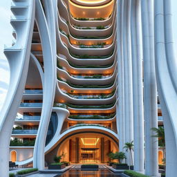 Design a dynamic 15-story building inspired by ocean waves, reaching towards the sky and conveying a sense of movement and nature