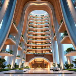 Design a dynamic 15-story building inspired by ocean waves, reaching towards the sky and conveying a sense of movement and nature