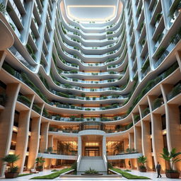 Design a dynamic 15-story building inspired by ocean waves, reaching towards the sky and conveying a sense of movement and nature