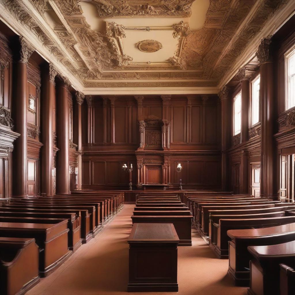 A grand courtroom filled with mahogany furniture, capturing the solemnity of the place with various people - judges, lawyers, and defendants - engaged in a case proceeding.