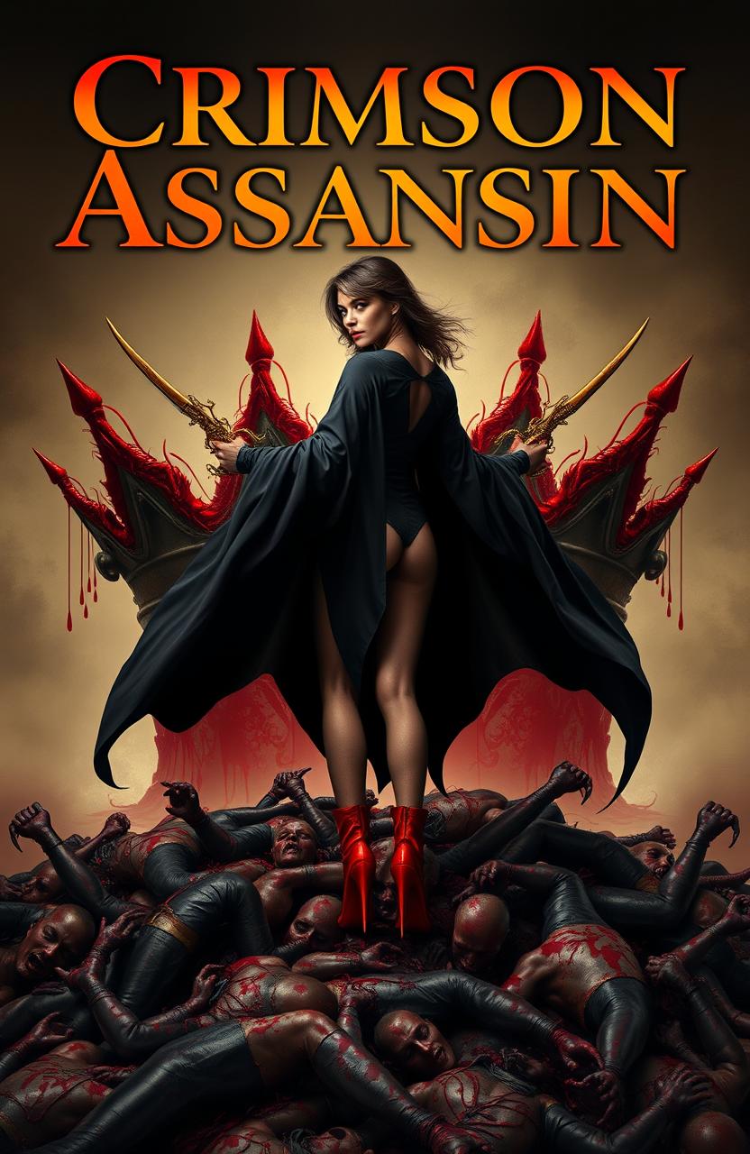 A fierce woman wearing a dramatic black cloak and striking red high heel boots, standing atop a pile of dead bodies, looking back over her shoulder
