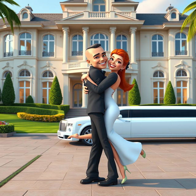 A sexy bald 3D toon woman playfully hugging a man in front of a grand, luxurious mansion