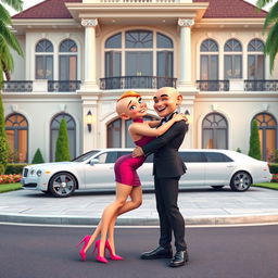 A sexy bald 3D toon woman playfully hugging a man in front of a grand, luxurious mansion
