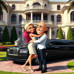 A sexy bald 3D toon woman playfully hugging a man in front of a grand, luxurious mansion