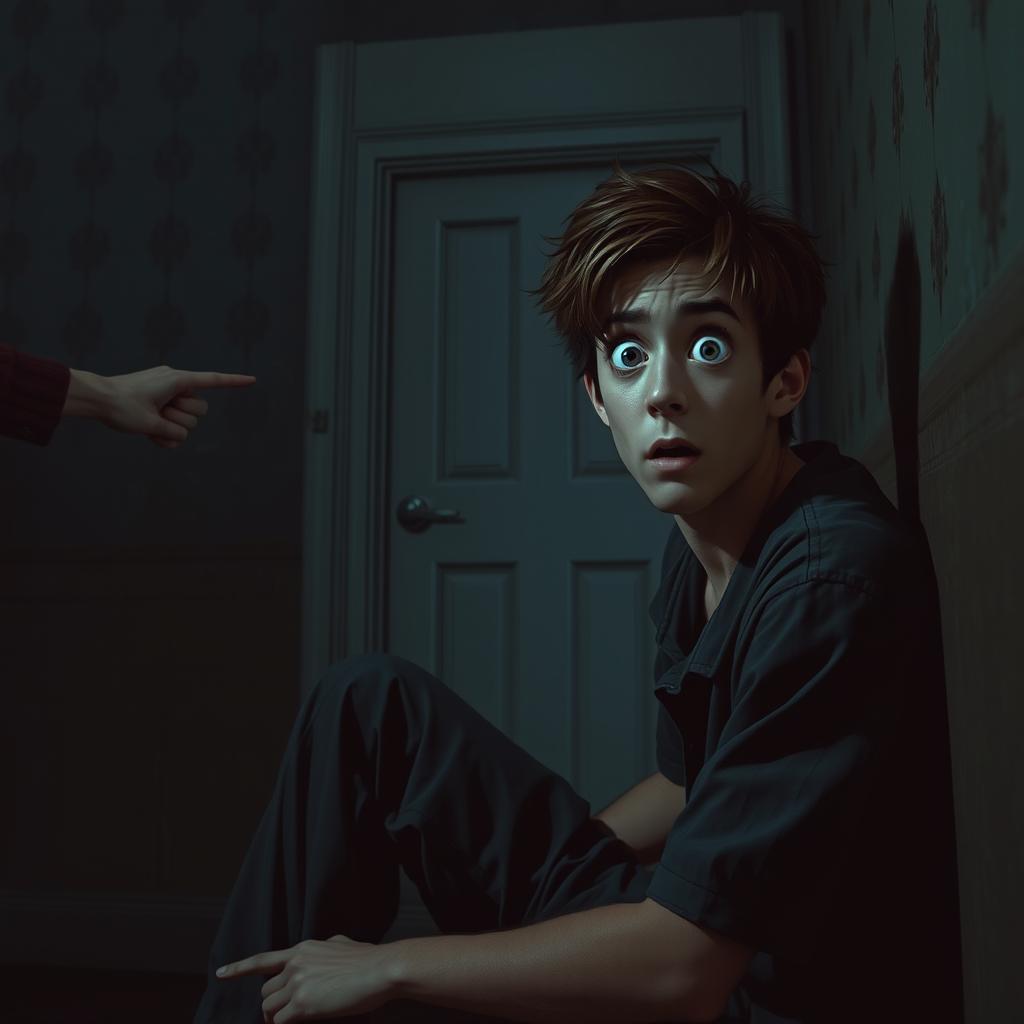 A dimly lit room with a distressed young man named Tobias, sitting in a corner with his eyes wide open in shock