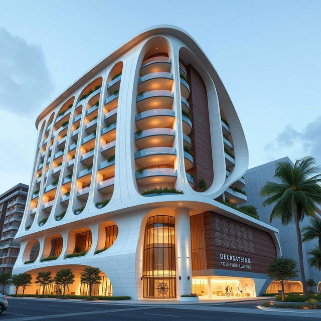 A 15-story sustainable tower inspired by the form of a dolphin, featuring dynamic shapes and elegant columns resembling the Apadana Palace
