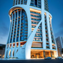 A 15-story sustainable tower inspired by the form of a dolphin, featuring dynamic shapes and elegant columns resembling the Apadana Palace