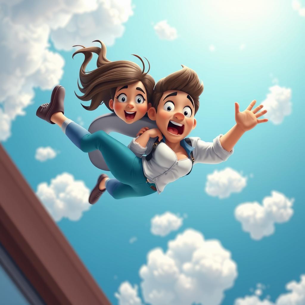 A sexy 3D toon woman and man gracefully falling from the sky, both with surprised expressions, while embracing each other tightly