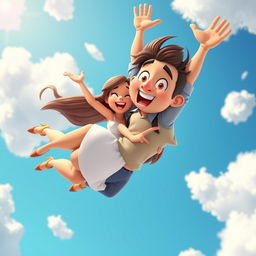 A sexy 3D toon woman and man gracefully falling from the sky, both with surprised expressions, while embracing each other tightly