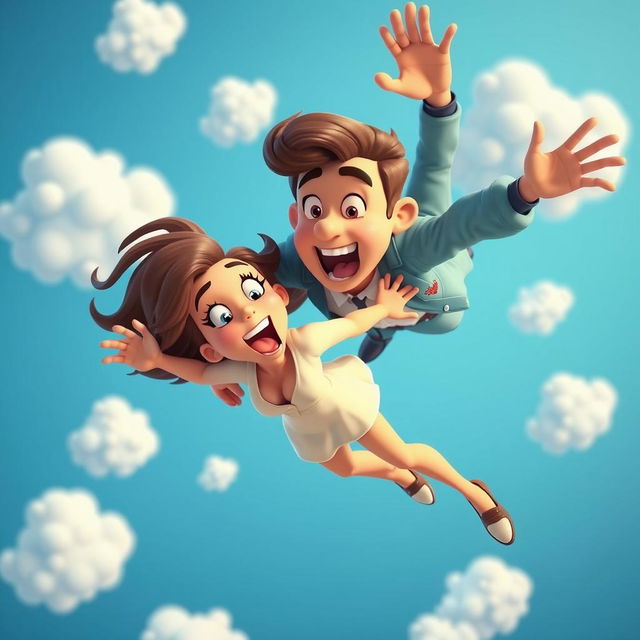 A sexy 3D toon woman and man gracefully falling from the sky, both with surprised expressions, while embracing each other tightly