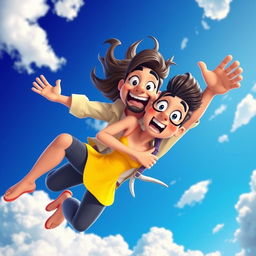 A sexy 3D toon woman and man gracefully falling from the sky, both with surprised expressions, while embracing each other tightly