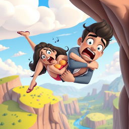 A vibrant and playful 3D animated scene featuring a sexy cartoon woman and man falling off a cliff, their bodies entwined in a tight hug