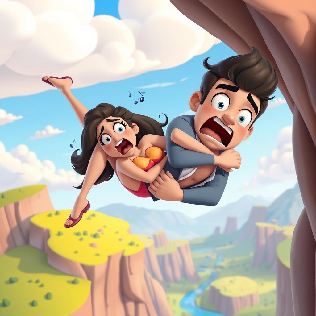 A vibrant and playful 3D animated scene featuring a sexy cartoon woman and man falling off a cliff, their bodies entwined in a tight hug