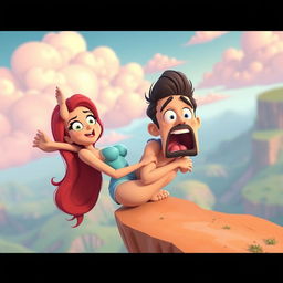 A vibrant and playful 3D animated scene featuring a sexy cartoon woman and man falling off a cliff, their bodies entwined in a tight hug
