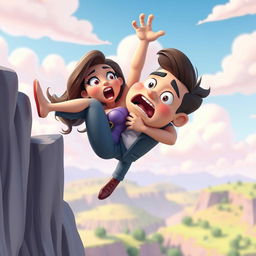 A vibrant and playful 3D animated scene featuring a sexy cartoon woman and man falling off a cliff, their bodies entwined in a tight hug