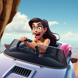 A sexy 3D toon woman with exaggerated features, wearing a stylish outfit, gripping the steering wheel of a sleek convertible car, driving it off a cliff