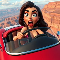 A sexy 3D toon woman with exaggerated features, wearing a stylish outfit, gripping the steering wheel of a sleek convertible car, driving it off a cliff