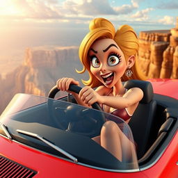 A sexy 3D toon woman with exaggerated features, wearing a stylish outfit, gripping the steering wheel of a sleek convertible car, driving it off a cliff