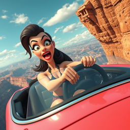 A sexy 3D toon woman with exaggerated features, wearing a stylish outfit, gripping the steering wheel of a sleek convertible car, driving it off a cliff
