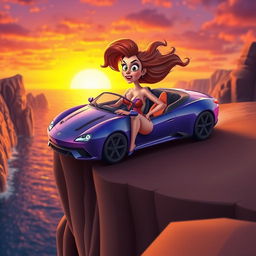 A sexy 3D cartoon woman with an exaggerated curvy figure and vibrant colors, driving a sleek, sporty convertible car off a dramatic cliff