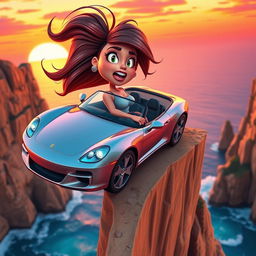 A sexy 3D cartoon woman with an exaggerated curvy figure and vibrant colors, driving a sleek, sporty convertible car off a dramatic cliff