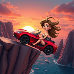 A sexy 3D cartoon woman with an exaggerated curvy figure and vibrant colors, driving a sleek, sporty convertible car off a dramatic cliff