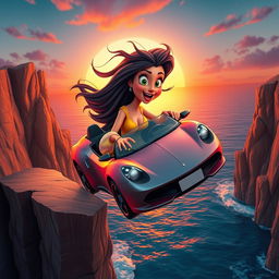 A sexy 3D cartoon woman with an exaggerated curvy figure and vibrant colors, driving a sleek, sporty convertible car off a dramatic cliff
