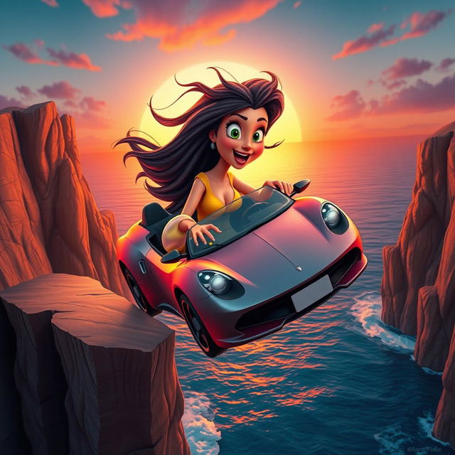 A sexy 3D cartoon woman with an exaggerated curvy figure and vibrant colors, driving a sleek, sporty convertible car off a dramatic cliff