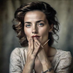 Transform the portrait, replacing the man with a compelling image of a young woman. Her hand delicately holding a cigarette, the depth of her eyes keeping the same distinguished, intense, award-winning emotion.