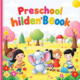 A colorful and engaging cover for a preschool children's book, featuring a whimsical scene in a lively park