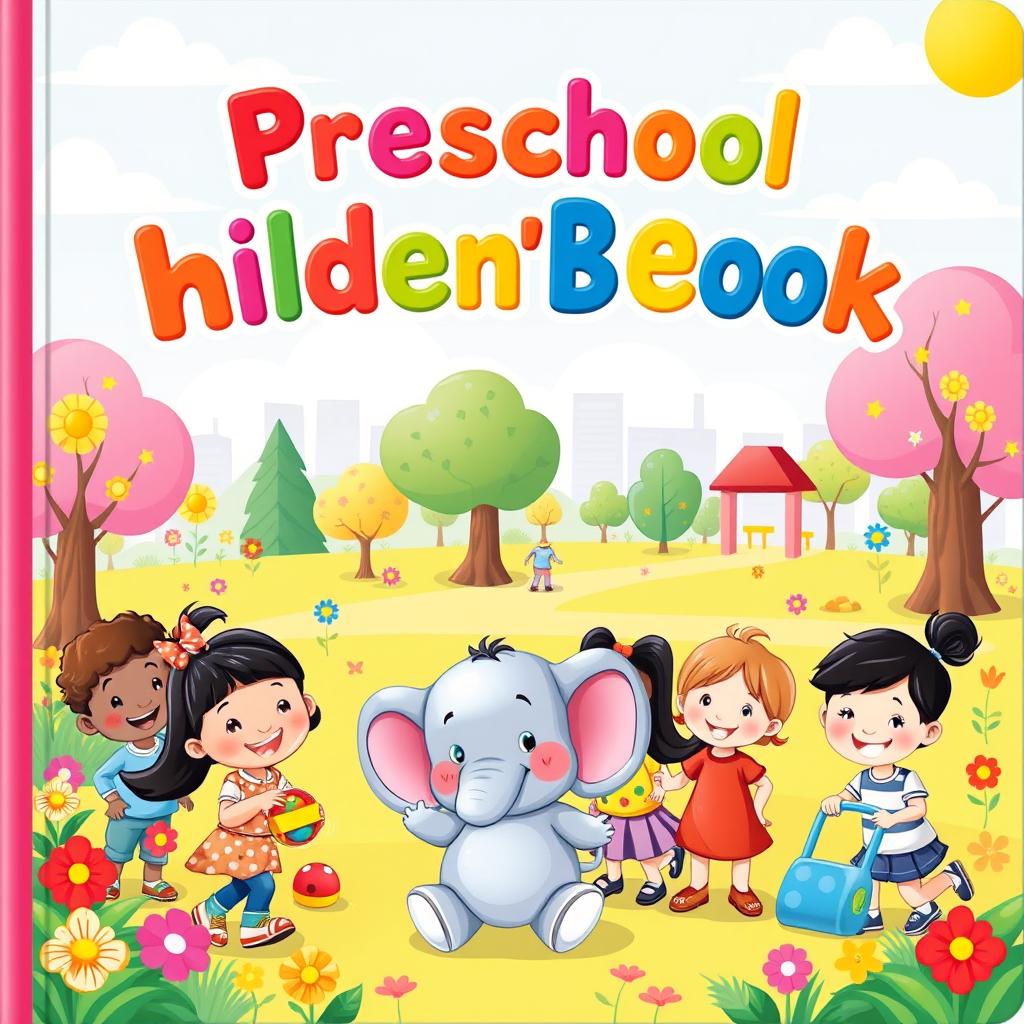 A colorful and engaging cover for a preschool children's book, featuring a whimsical scene in a lively park
