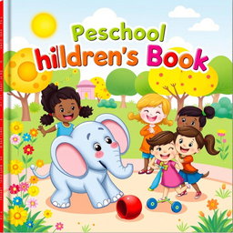 A colorful and engaging cover for a preschool children's book, featuring a whimsical scene in a lively park