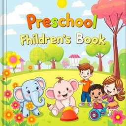 A colorful and engaging cover for a preschool children's book, featuring a whimsical scene in a lively park