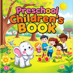 A colorful and engaging cover for a preschool children's book, featuring a whimsical scene in a lively park