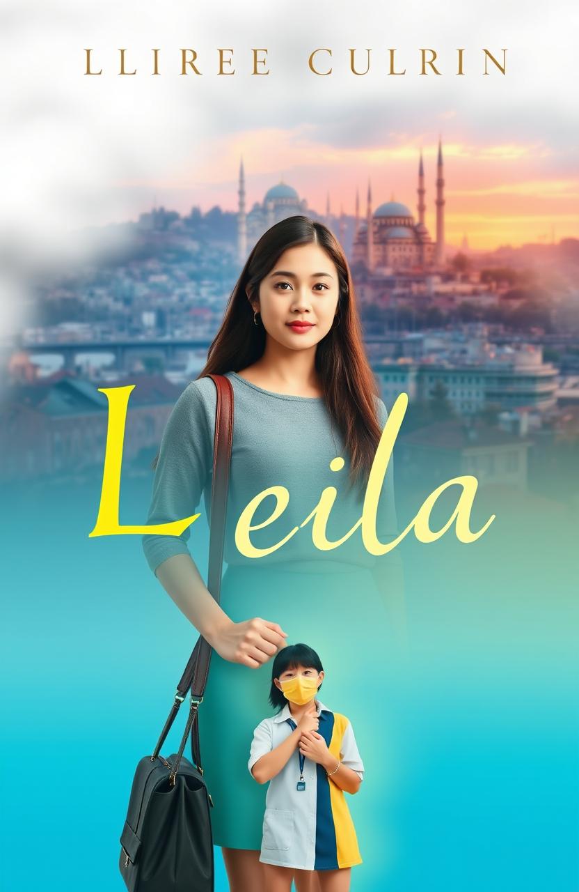 A novel cover design featuring the beautiful cityscape of Istanbul at sunset, showcasing the Bosphorus Bridge and the famous Sultan Ahmed Mosque in the background