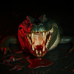 A terrifying and menacing crocodile with a vicious expression, its sharp teeth bared and blood dripping from its jaws