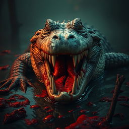 A terrifying and menacing crocodile with a vicious expression, its sharp teeth bared and blood dripping from its jaws