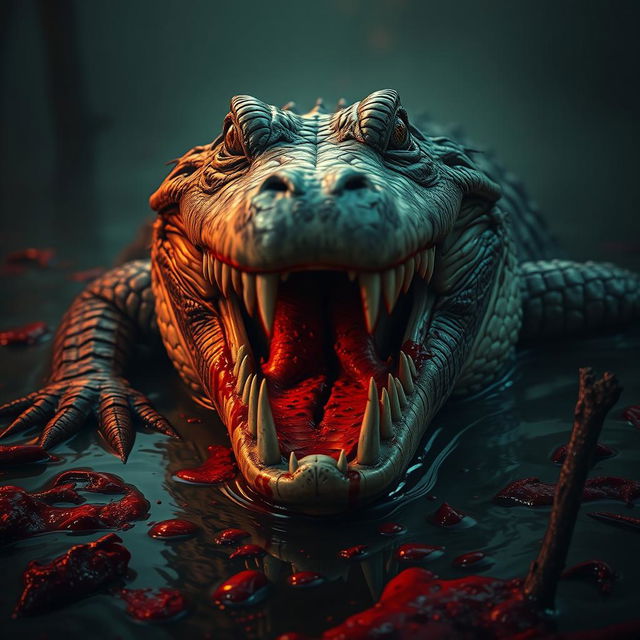 A terrifying and menacing crocodile with a vicious expression, its sharp teeth bared and blood dripping from its jaws