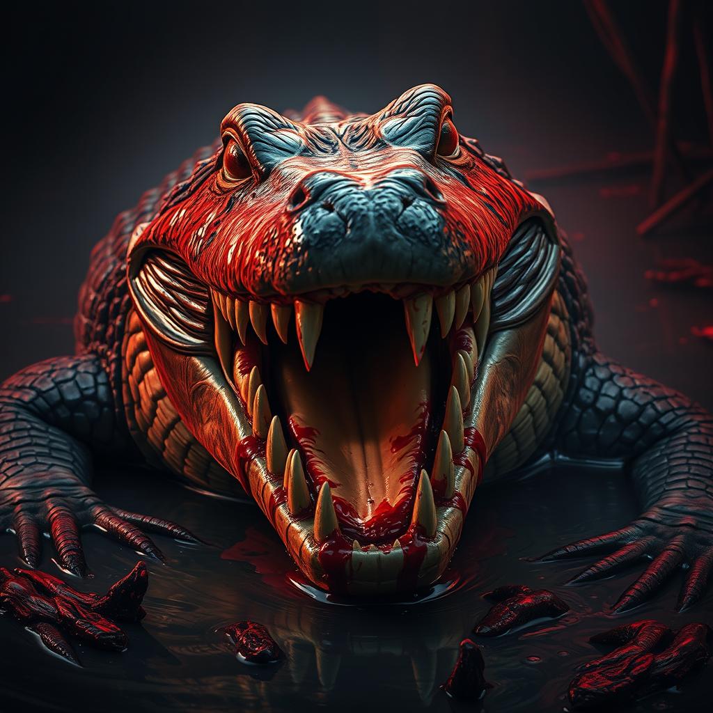 A terrifying and menacing crocodile with a vicious expression, its sharp teeth bared and blood dripping from its jaws
